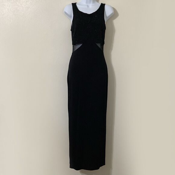Vintage 90s Black Beaded Dark Fairy Mesh Cutout Sleeveless Formal Maxi Dress SML - Picture 1 of 7